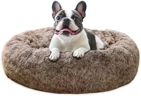 JOLLYVOGUE Calming Dog Beds Large Sized Dog, 36in Donut Washable Large Pet Bed, Anti-Slip & Anti-Anxiety Fluffy Faux Fur Round Dogs Bed, Fits up to 80 lbs Pets (Smoke Brown) by JOLLYVOGUE