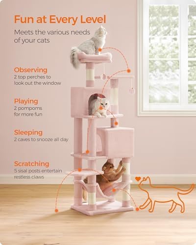 Feandrea Cat Tree, 59.5-Inch Tall Cat Tower, Multi-Level Condo, Jelly Pink - Image 4