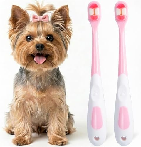 Small Dog Toothbrush, Puppy & Cat Tooth Brushing Kit, Ultra Soft & Head Teeth Brush for Kitten & Tiny to Medium Pet, Doggy Toothbrushes Deep Dental Clean, 2 PCS, Pink by MoonyMars