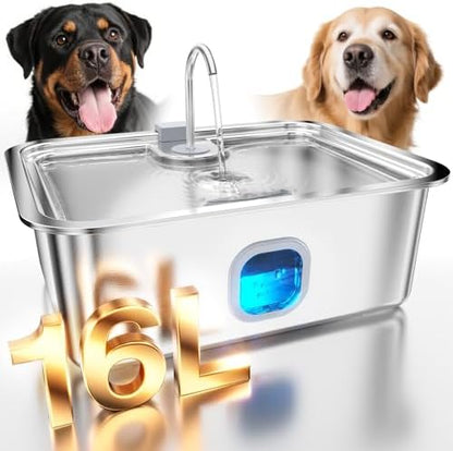 4.2Gal Dog Water Fountain for Large Dogs, 16L Stainless Steel Large Dog Fountain Water Bowl with Deeper & Wider Drinking Tray, Automatic Pet Water Dispenser with Visible Window for Multi-Pets Families by MAILOFY