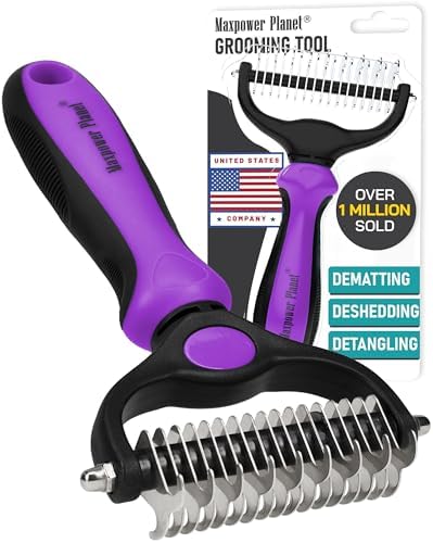 Maxpower Planet Pet Grooming Brush - Double Sided, Extra Wide for Dogs and Cats - Dematting Undercoat Rake, Reduces Shedding by 95%, Purple by MaxpowerPlanet