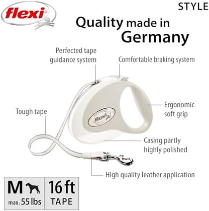 FLEXI® Style Tape Retractable Dog Leash, Medium, 16 ft - White/Grey - Image 2