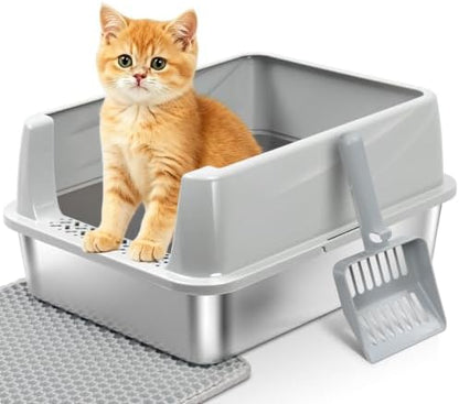 Stainless Steel Litter Box with Lid, Metal Litter Box for Kitten, Small Litter Boxes with Scoop and Mat, Low Entry,Non-Stick,Easy to Clean Litterbox for Small to Medium Cats by Futam