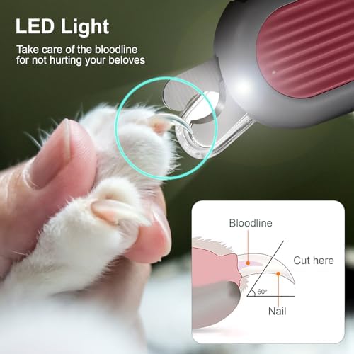 Odoland Cat Nail Clipper with LED Light and Nail File, Dog Claw Trimmer with Bright Light to Avoid Excessive Cutting - Pet Grooming Tool for Tiny Dog Cat Kitten Bunny Rabbit Pink - Image 2