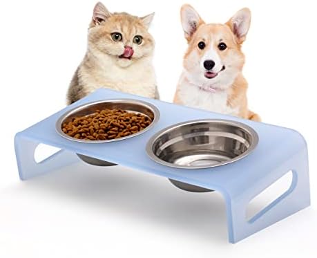 Tilted Raised Elevated Food and Water Bowls Stand for Cat or Small Dogs - Puppy's Clear Acrylic Stainless Steel Dishes Holder for Boy or Girl Pet,Modern,Durable and Easy to Clean by WBhonghui (Blue) by WBHONGHUI