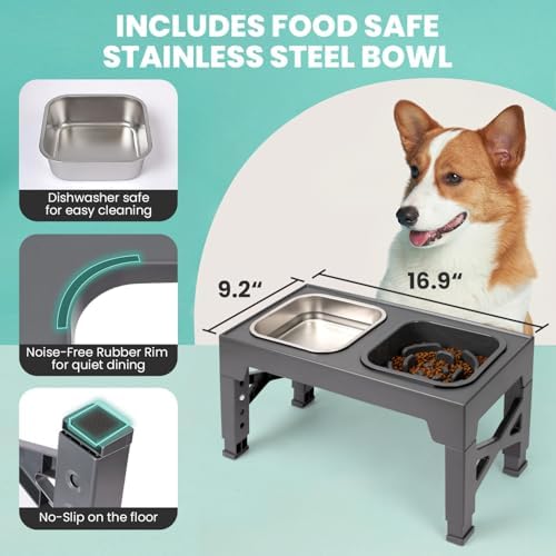 Niubya Elevated Dog Bowls, with Slow Feeder Bowl and Stainless Steel Dog Food Bowl, Raised Dog Bowls Adjusts to 5 Heights (3.15", 8.66", 9.84",11.02", 12.2") for Small Medium and Large Dogs - Image 2
