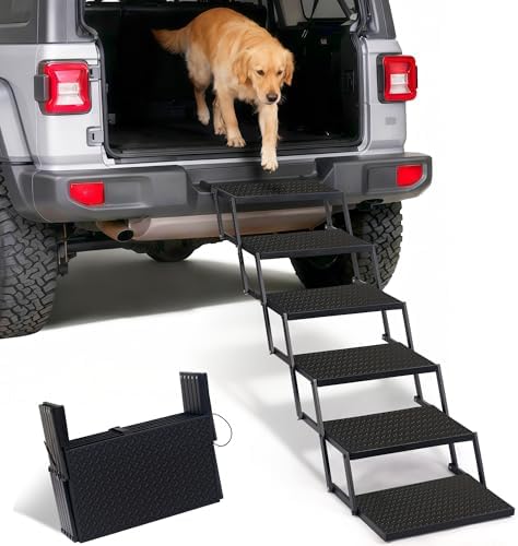 Foldable Dog Car Steps - Upgraded Non-Slip Pet Stairs for Large Dogs, Portable Metal Frame Dog Ramps for High SUV, Truck and Cars, Lightweight Pet Ladder with High Load-Bearing Capacity (6 Steps) by Heeyoo
