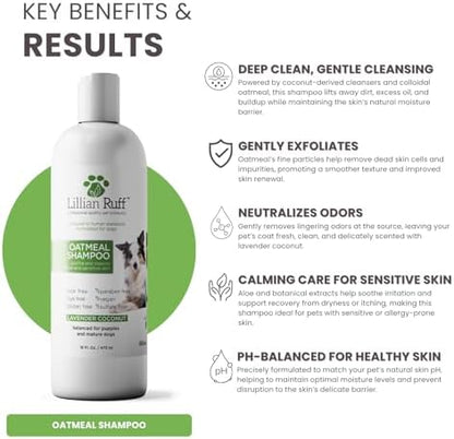 Lillian Ruff PRO Formula Deodorizing Oatmeal Dog Shampoo - Calms Itching & Allergies, Ultra-Nourishing Dry Skin Relief - Oatmeal, Aloe, Coconut Oil, Lavender & Provitamin B5 - Made in USA 16oz+Brush - Image 3