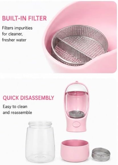 Portable Dog Water Bottle with Food Container, Leak-Proof Travel Water Dispenser, 500ml Water & 100g Food, Pink - Image 3