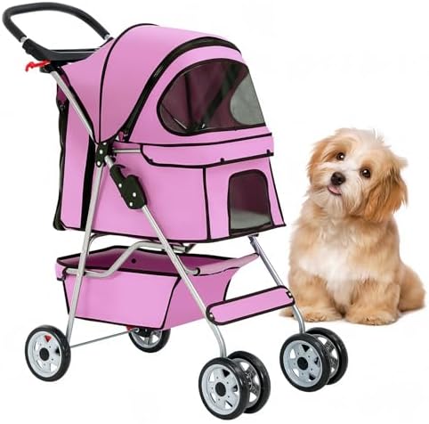 BestOffice Pet Stroller for Small Medium Dogs & Cats, 4-Wheel Foldable Dog Stroller with Cup Holder, Lightweight Travel Carrier, Waterproof Design for Outdoor Walks, Pink by BestOffice