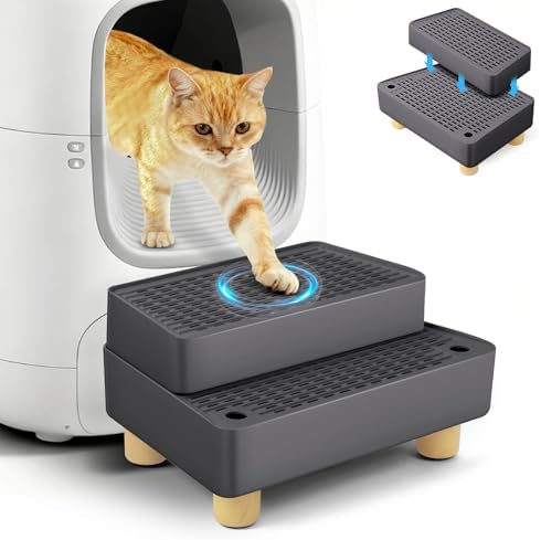 Extra Large 2 Steps Cat Litter Box Step Ramp, Cat Litter Catcher Mat with Wooden Feet, Filter Function, Cat's Pedal Stool for Self-Cleaning Litter, Suitable Kitten & Elderly Cats (Dark Grey) by Bartuke