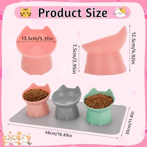 3 Pcs Elevated Cat Bowls 15°Raised Cat Food Bowl with Silicone Mat Pink - Image 2