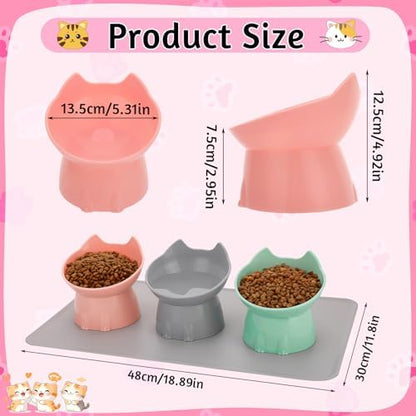3 Pcs Elevated Cat Bowls 15°Raised Cat Food Bowl with Silicone Mat Pink - Image 2