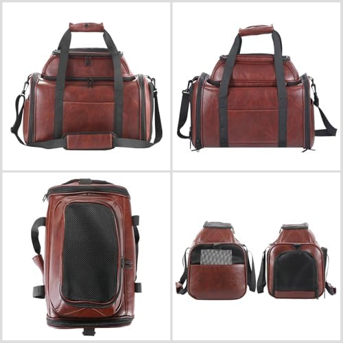 Premium Leather Top Expandable Pet Carrier for Small Dogs & Cats Under 15 lbs, Airline Approved Collapsible Soft-Sided Luxury Travel Bag Coffee - Image 3