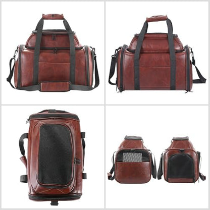 Premium Leather Top Expandable Pet Carrier for Small Dogs & Cats Under 15 lbs, Airline Approved Collapsible Soft-Sided Luxury Travel Bag Coffee - Image 3