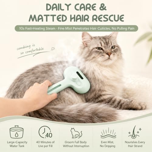 Fresh Fur Shower Brush, 3 in 1 Pet Steam Brush, Spray Hair Removal Comb for Cats ＆ Dogs - Deshedding＆ Grooming (Green) - Image 3