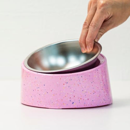 bzyoo 16oz Tilted Dog Bowl for Small Dogs & Cats, 15° Elevated Stainless Steel Pet Feeder, Ergonomic Anti-Vomiting Food Bowl for Frenchie, Pug, Persian Cat, Non-Skid Melamine Stand, Sprinkle (Pink) by bzyoo