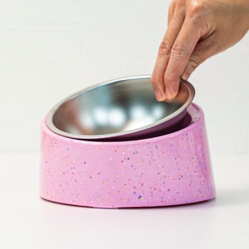 bzyoo 16oz Tilted Dog Bowl for Small Dogs & Cats, 15° Elevated Stainless Steel Pet Feeder, Ergonomic Anti-Vomiting Food Bowl for Frenchie, Pug, Persian Cat, Non-Skid Melamine Stand, Sprinkle (Pink) by bzyoo