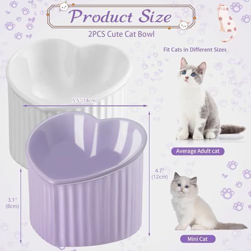 Mumufy 2 Pcs Ceramic Elevated Cat Bowls Tilted Elevated Raised Pet Bowls Anti Vomit Cat Dish for Indoor Stress Free Water Dish Feeder for Puppies, Heart Shaped(White, Purple) - Image 2