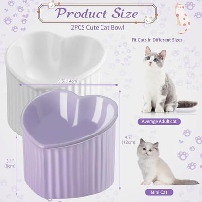 Mumufy 2 Pcs Ceramic Elevated Cat Bowls Tilted Elevated Raised Pet Bowls Anti Vomit Cat Dish for Indoor Stress Free Water Dish Feeder for Puppies, Heart Shaped(White, Purple) - Image 2