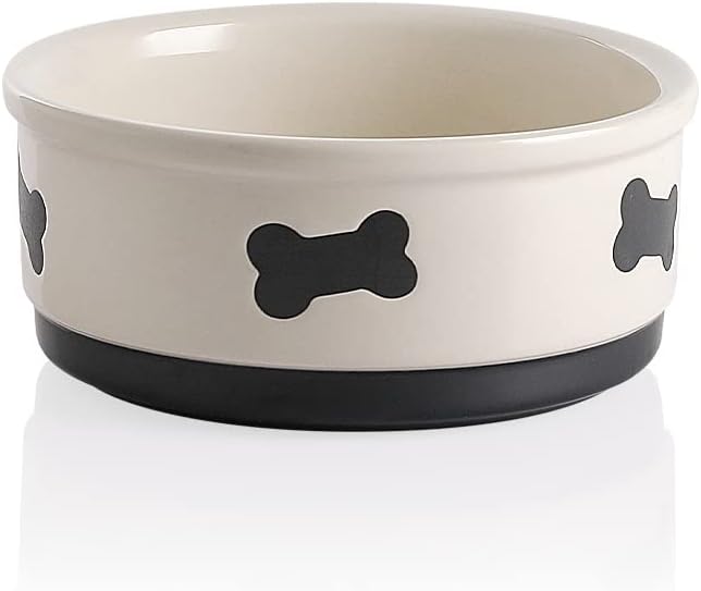 Sweejar Ceramic Dog Bowls with Bone Pattern, Dog Food Dish for Medium Dogs, Porcelain Pet Bowl for Water 35 Fl Oz (Beige)