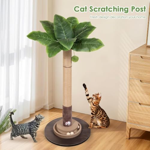40" Cat Scratching Post, Natural Sisal Rope Cat Scratcher Tree, Cat Scratcher Post with Hanging Ball, Heavy-Duty Wood Base with Mouse Hole & Ball Track for Kitten & Adult Cats - Image 6
