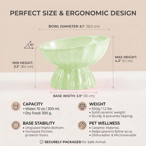 Lotus Ceramic Elevated Cat Bowl, 15° Tilted Raised Cat Dish for Food and Water, 6.1" Extra Wide Whisker-Friendly Shallow Bowl, One-Piece Anti-Vomiting Pet Feeder for Cats and Small Dogs(Green) - Image 2