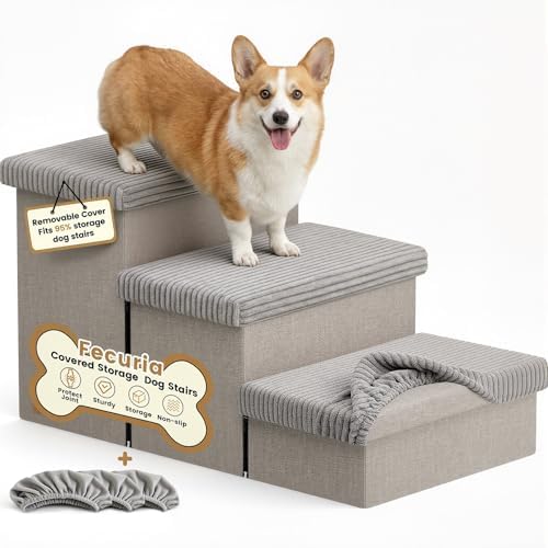 3-Step Wide Dog Stairs 18" H with Removable Cover, Non-Slip Storage Pet Steps for High Bed Couch, Pet Stairs for Small/Medium/Large Old Dogs Puppy Up to 200lbs, Cat Dog Steps for Car, Grey by Fecuria