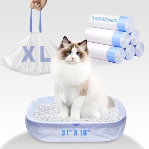 60 Pack Large litter box liners - 3MIL Extra Thick Leakproof Litter Box Liners, 31"x18" Heavy Duty Drawstring Cat Litter Liners, Odor Control Disposable Kitty Litter Bags 6 Roll by Fronip