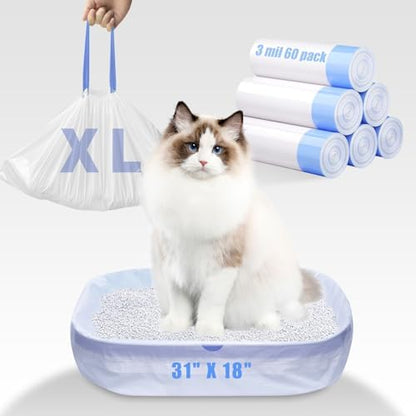60 Pack Large litter box liners - 3MIL Extra Thick Leakproof Litter Box Liners, 31"x18" Heavy Duty Drawstring Cat Litter Liners, Odor Control Disposable Kitty Litter Bags 6 Roll by Fronip
