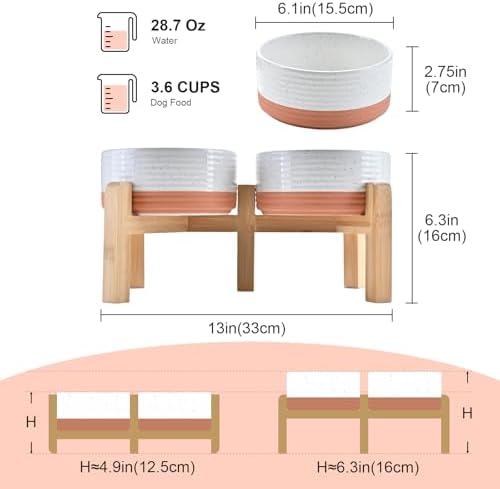 SPUNKYJUNKY Elevated Dog Bowls Ceramic, 6.1'' Dogs and Cat Food Water Bowls Raised with Non-Slip Bamboo Stand for Medium Sized Breed Microwave Dishwasher Safe - 28.7 OZ,Pattern White - Image 2