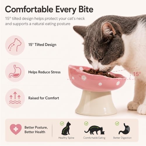 Pink Mushroom Cat Bowl, Elevated Ceramic Feeding Bowl - Image 4