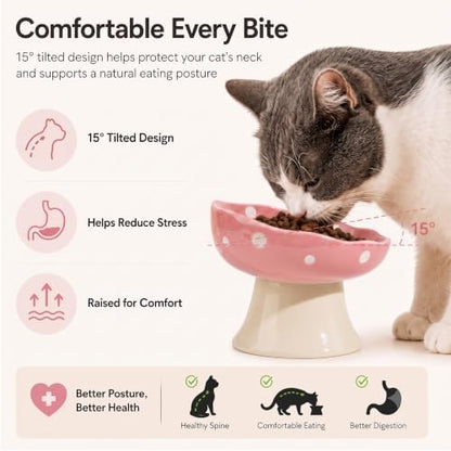 Pink Mushroom Cat Bowl, Elevated Ceramic Feeding Bowl - Image 4