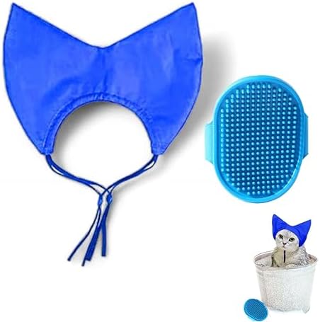 Cat Shower Cap and Bath Brush set, Cat Ear Cover and Grooming Bathing Brush for Cats Puppy Small Dogs, Cat Ear Protection Stuff, Small Dog Cat Bathing Supplies, Pet Accessories (Blue) by HomedyCrafts