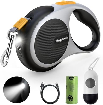 Retractable Dog Leash with LED Flashlight, Douexio Upgrade 3 in 1 Dog Leash Retractable for Small Medium Dogs Up to 66 lbs, 16ft, Anti-Slip Handle (Black-White) by Douexio