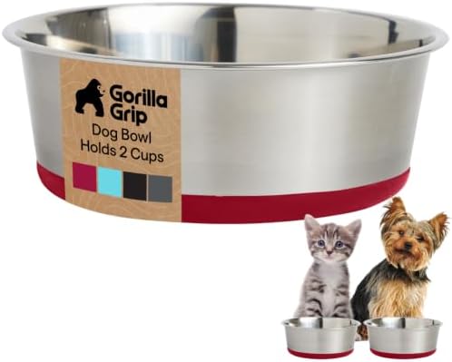GORILLA GRIP Dog Bowl, Food Grade Stainless Steel Water Bowls, 2 Cup Red by GorillaGrip