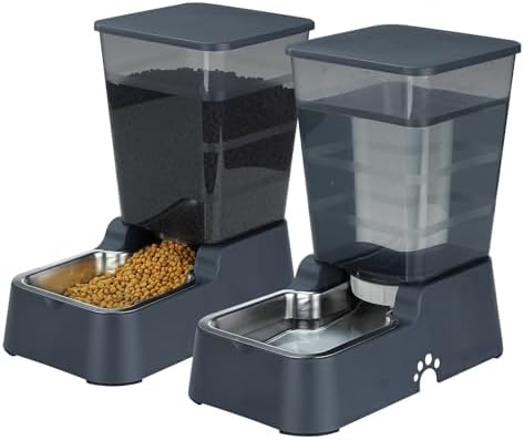 Automatic 5.4L/1.4Gal Pet Waterer, Automatic Dog Water Dispenser Gravity Stainless Steel Water Feeder, Large Capacity Feeding Bowls for Cats and Medium & Large-Sized Dogs (Black, Food+Water) by Leefele
