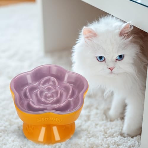 S&Q's Ceramics Raised Slow Feeder Cat Bowl, Ceramic Elevated Food Bowl Small Dogs Slow Feeder, Flower Shaped Cute Pet Dish for Dry and Wet Food (Purple, 5.8") - Image 6