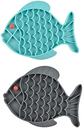 Slow Feeder Cat Bowls, 2 Pack Fish-Shaped Silicone Puzzle Feeders for Healthy Eating & Anxiety Relief - Lick Treat Mat for Dogs & Cats (Blue+Grey) by Guardians