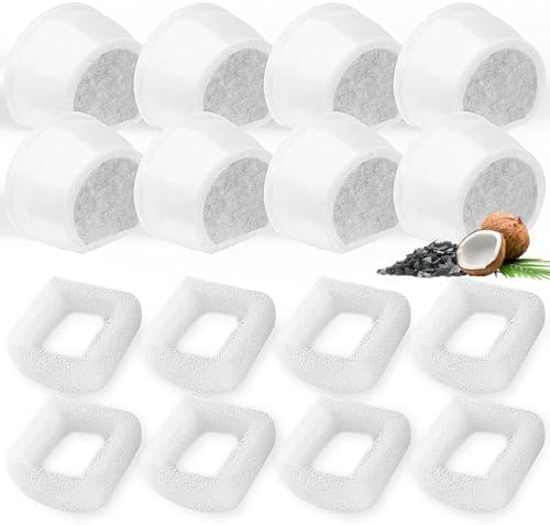 16 Pack Cat Water Fountain Filters Replacement, 8 Carbon Filters and 8 Foam Sponge Pre-Filter Fit for Multiple Ceramic and Stainless Steel Pet Fountains by Porens