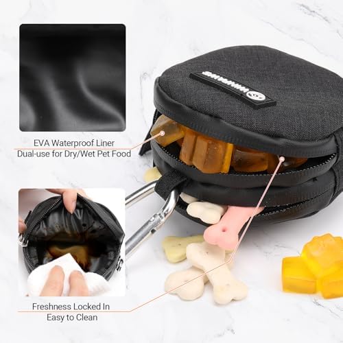 Dog Poop Bag Holder for Leashes- Dog Treat Pouch with Waterproof Zipper,Puppy Training Small Bag with Carabiner & Bungee Toggle,Two Pockets for Dry or Wet Treats-Pet Travel Walking Essentials (Black) - Image 5