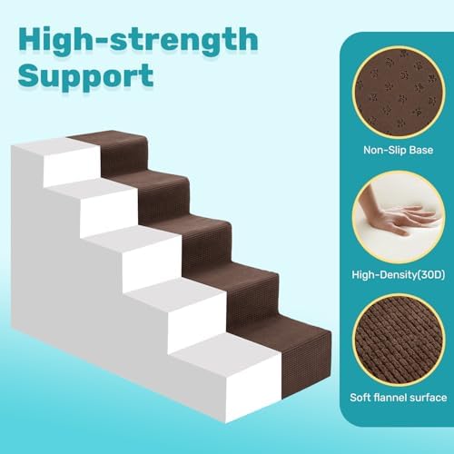 Dog Stairs for Bed, Extra Wide 5-Step Dog Steps for High Bed, High-Density Foam Pet Stairs with Non-Slip Removable Washable Cover for Small Pets, 23" H, Brown - Image 3