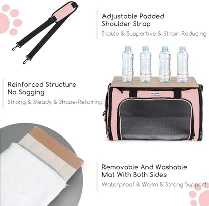 Pet Carrier for Cats & Small Dogs, Travel Carrier with Anti-Collapse Support, Chew Resistant Buckles, Luggage Sleeve, Multi-Pocket Storage, Reversible Mat & Bowl (Pink, Medium (17.5"x11"x11.5")) - Image 5