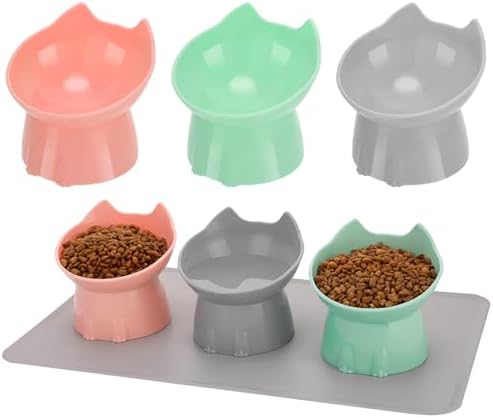 3 Pcs Elevated Cat Bowls 15°Raised Cat Food Bowl with Silicone Mat Pink by Hoemwarm