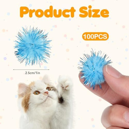 100 Pcs Cat Pom Pom Balls, 1 Inch Cat Toy Sparkle Balls Soft Interactive Cats Puff Ball Toys for Indoor Exercise Playing Entertainment and Crafts (Multicolor) - Image 2