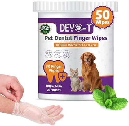 DEVO-T 100% Natural Dog Teeth Cleaning Wipes Mint Scented | 50 Count | Pet Teeth Cleaning Finger Wipes for Dogs, Cats & Horses | Remove Bad Breath, Plaque & Tartar Buildup | Dog Dental Wipes Finger by Unknown