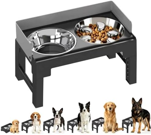 PAKEWAY Elevated Dog Bowls with Stainless Steel Slow Feeder Bowl for Medium and Large Dogs, Spill-Proof Tiltable Dog Feeder with 2 Bowls, 6-Height Adjustable Raised Dog Bowl Stand by PAKEWAY