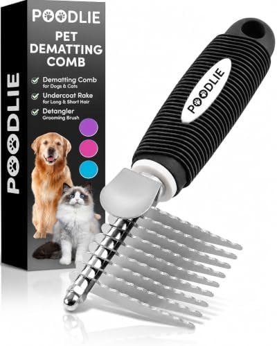 Poodle Dematting Fur Rake Comb Brush for Dogs and Cats - Long 2.5" Steel Safety Blades Metal Comb for Detangling Matted or Knotted Undercoat Hair by Poodlie