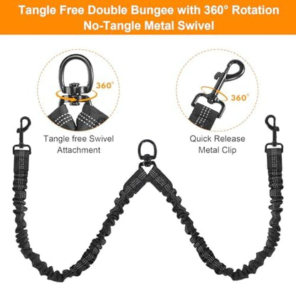 Double Dog Leash, 360° Swivel No Tangle Dog Leash for 2 Dogs, Black Shock Absorbing Reflective Bungee Double Leashs for Medium Dogs Walking Training - Image 3