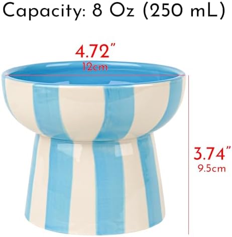 Raised Cat Bowl - Blue Striped Elevated Ceramic Food and Water Dish, Wide Shallow Design for Whisker Fatigue Relief, Dishwasher Safe - Image 2